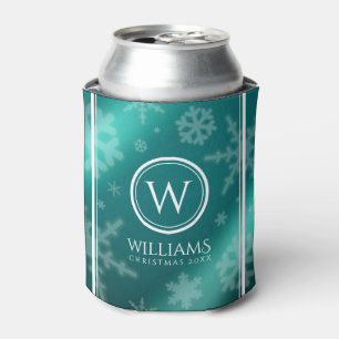 Festive Light Blue Foil Snowflakes Monogram Name Can Cooler