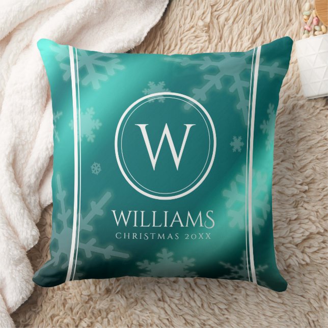Festive Light Blue Foil Snowflakes Monogram Name Cushion (Blanket)