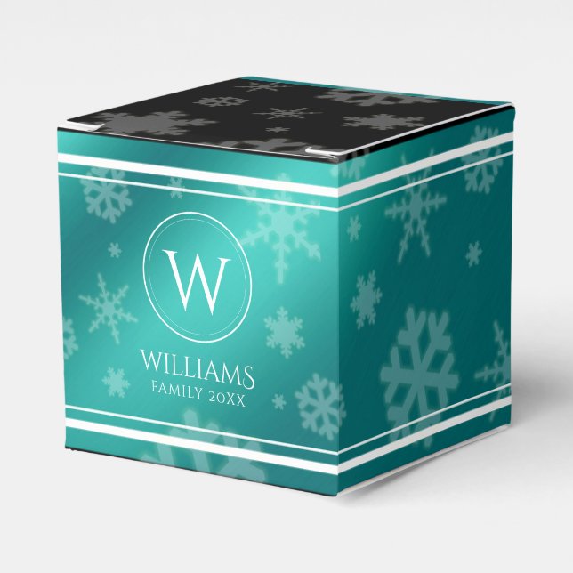 Festive Light Blue Foil Snowflakes Monogram Name Favour Box (Front Side)