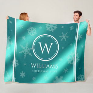 Festive Light Blue Foil Snowflakes Monogram Name Fleece Blanket