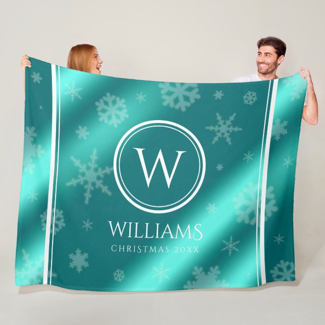 Festive Light Blue Foil Snowflakes Monogram Name Fleece Blanket (In Situ)