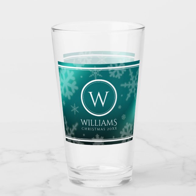 Festive Light Blue Foil Snowflakes Monogram Name Glass (Front)