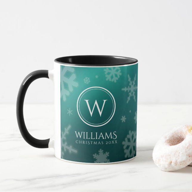 Festive Light Blue Foil Snowflakes Monogram Name Mug (With Donut)