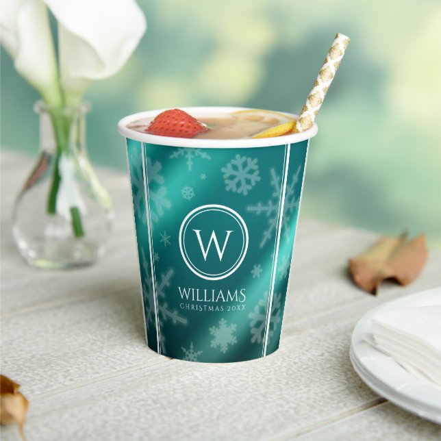 Festive Light Blue Foil Snowflakes Monogram Name Paper Cups (Insitu)