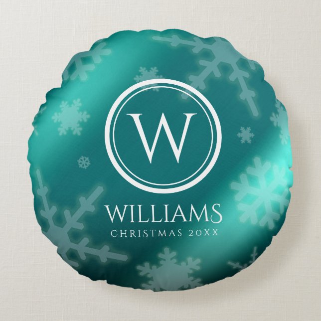Festive Light Blue Foil Snowflakes Monogram Name Round Cushion (Front)