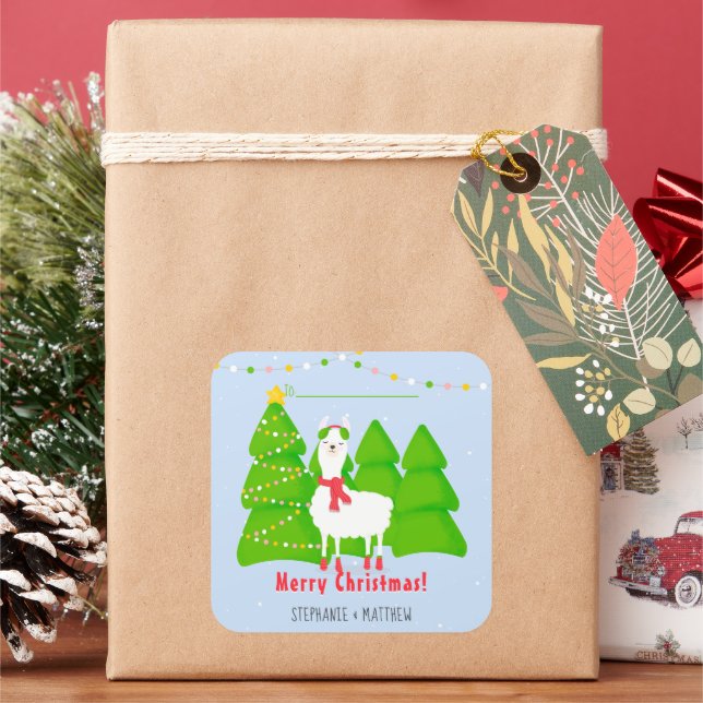 Festive Llama Christmas Square Sticker (Holiday)