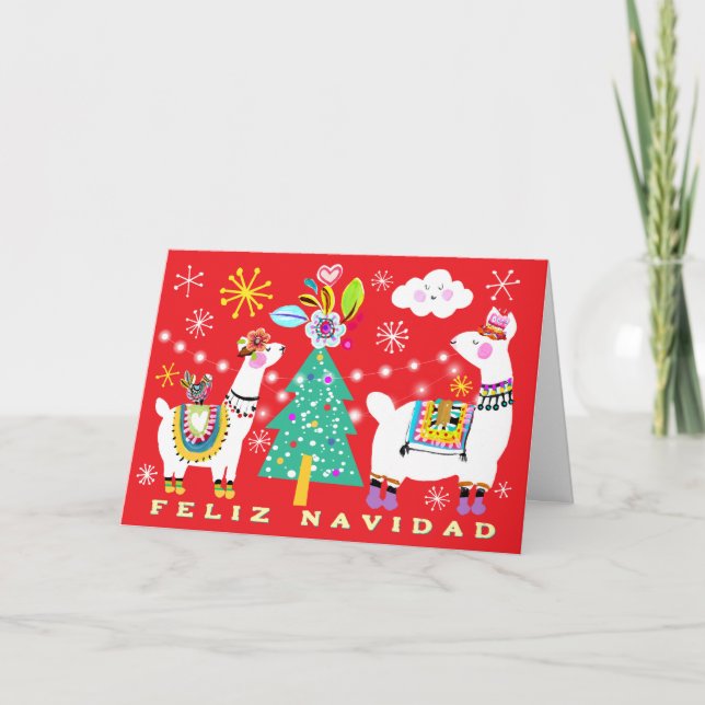 Festive Llamas Christmas Tree Spanish Card (Front)