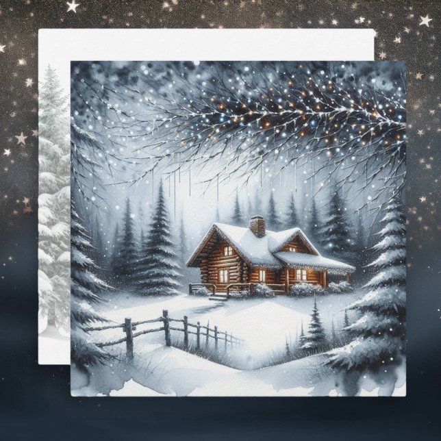 Festive Log Cabin in the Winter Woods Christmas Holiday Card (Creator Uploaded)