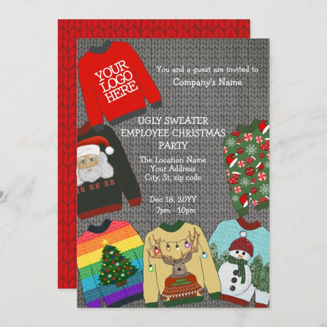 Festive Logo Ugly Sweater Employee Christmas Party Invitation (Front/Back)