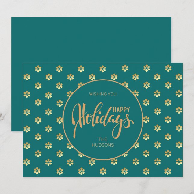 Festive Luxe Teal & Gold Daisy Christmas Happy Holiday Card (Front/Back)