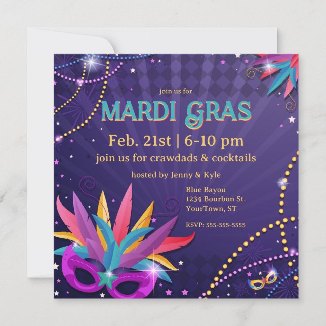 Festive Mardi Gras Masks & Beads Invitation (Front)