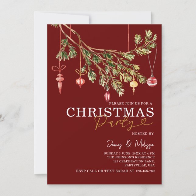 Festive Maroon Red Christmas Tree Ornaments Party Invitation (Front)