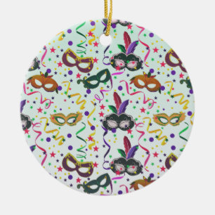 Festive Masquerade Masks And Confetti Pattern Ceramic Tree Decoration