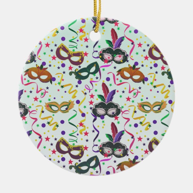 Festive Masquerade Masks And Confetti Pattern Ceramic Tree Decoration (Front)
