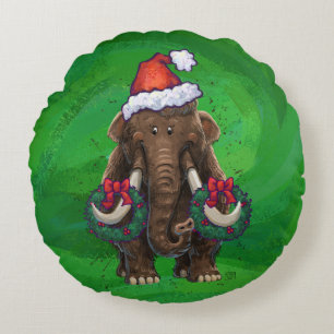 Festive Mastodon on Green Round Cushion