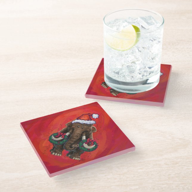 Festive Mastodon on Red Glass Coaster (Angled)