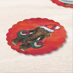 Festive Mastodon on Red Paper Coaster