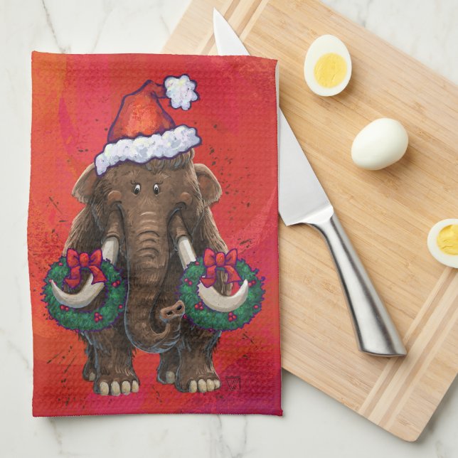 Festive Mastodon on Red Tea Towel (Quarter Fold)