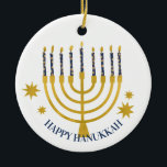 Festive Menorah Candles Happy Hanukkah  Ceramic Tree Decoration<br><div class="desc">Faux gold foil menorah candles for your Hanukkah celebration. Whimsical menorah illustration with white stars covered celestial candles on a faux gold menorah candle stand. Menorah starry Hanukkah illustrated design gifts and paper products.</div>