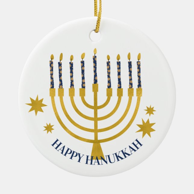 Festive Menorah Candles Happy Hanukkah  Ceramic Tree Decoration (Front)