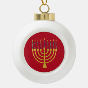 Festive Menorah Hanukkah Blue Candles Drawing  Ceramic Ball Christmas Ornament
