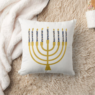 Festive Menorah Hanukkah Blue Candles Drawing  Cushion