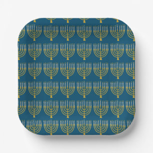 Festive Menorah Hanukkah Candles Pattern Blue Paper Plate
