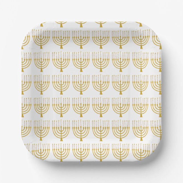 Festive Menorah Hanukkah Candles Pattern White Paper Plate (Front)