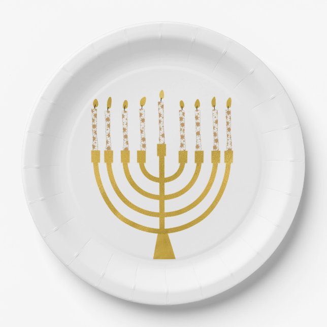 Festive Menorah Hanukkah Celestial Candles Elegant Paper Plate (Front)