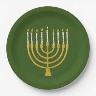 Festive Menorah Hanukkah Celestial Candles Green Paper Plate
