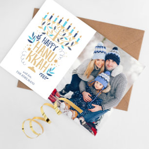 Festive Menorah Happy Hanukkah Photo Holiday Card