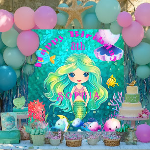 Festive Mermaid Themed Happy Birthday Banner Tapestry