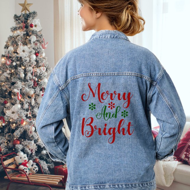 Festive Merry And Bright Christmas Holiday Denim Jacket (Festive Merry And Bright Christmas Holiday Denim Jacket)