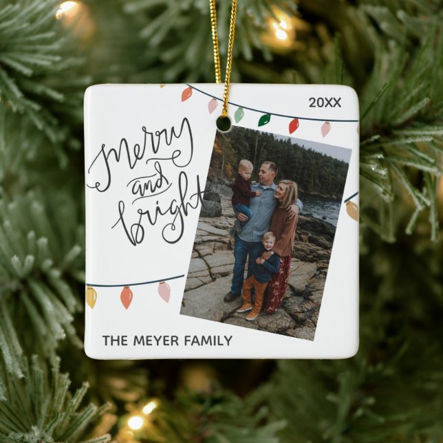 Festive Merry and Bright Christmas Lights Photo Ceramic Ornament (Tree)