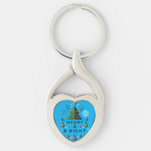 Festive Merry and Bright Christmas Tree Design Key Ring