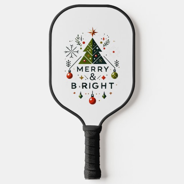 Festive Merry and Bright Christmas Tree Design Pickleball Paddle (Front)