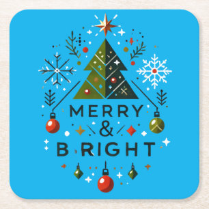 Festive Merry and Bright Christmas Tree Design Square Paper Coaster