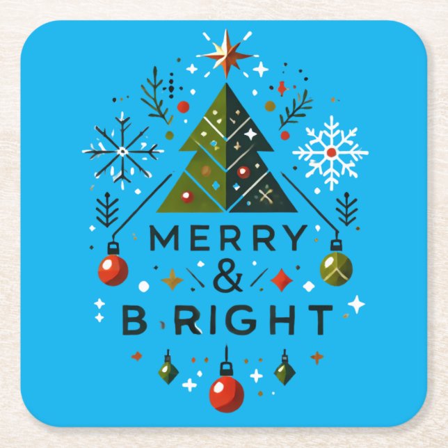 Festive Merry and Bright Christmas Tree Design Square Paper Coaster (Front)