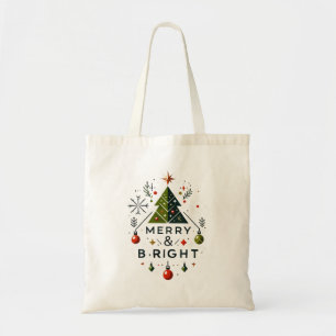 Festive Merry and Bright Christmas Tree Design Tote Bag