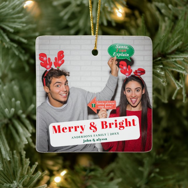 Festive Merry And Bright Script photo Christmas  Ceramic Ornament (Tree)