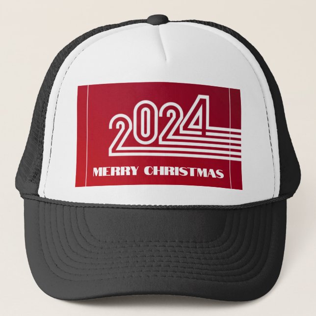 Festive Merry Christmas 2024 Red Colour Background Trucker Hat (Front)