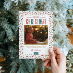 Festive Merry Christmas 4 Photo Holiday Card<br><div class="desc">Modern custom printed Christmas photo cards with a simple DIY template for customisation. This festive design features colourful typography and a cute abstract dot background in muted red, green, gold and pink colours. Add your family photos, personal greeting, names and the year. Use the design tools to edit the fonts...</div>