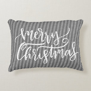 Festive Merry Christmas Black White Gingham Plaid Decorative Cushion