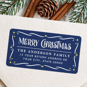 Festive Merry Christmas blue white return address Label