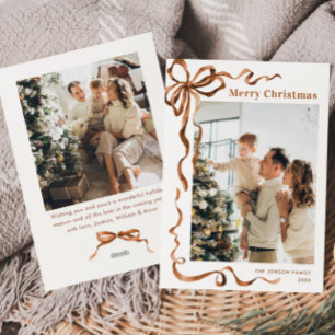 Festive Merry Christmas Boho Bow Ribbon 2 Photo Holiday Card