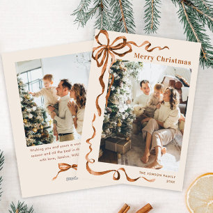 Festive Merry Christmas Boho Bow Ribbon 2 Photo Holiday Card