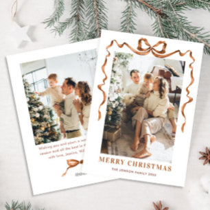 Festive Merry Christmas Boho Bow Ribbon 2 Photo Holiday Card