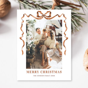 Festive Merry Christmas Boho Bow Ribbon 2 Photo Postcard