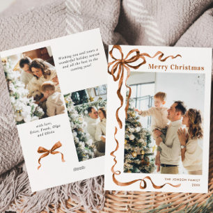 Festive Merry Christmas Boho Bow Ribbon 3 Photo Holiday Card