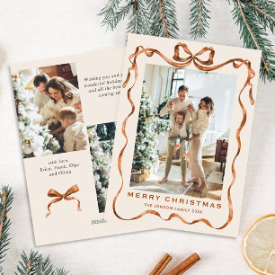 Festive Merry Christmas Boho Bow Ribbon 3 Photo Holiday Card